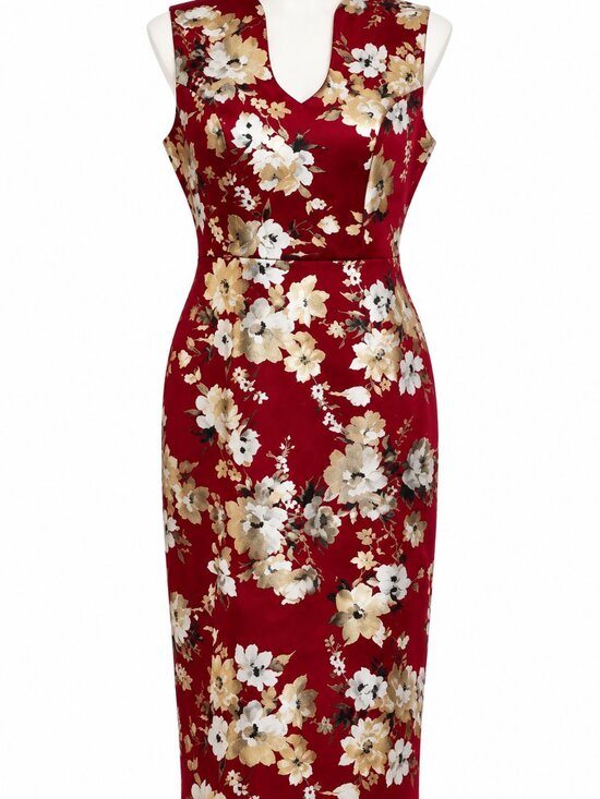 Nina Leonard Dresses & Skirts - Nina Leonard Floral Sheath Dress M Burgundy Gold Metallic V Neck Stretch NWT
